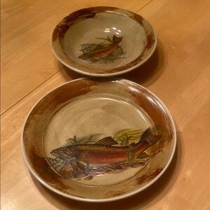 Vintage Hand Painted Fish Design Ceramic Plate Set